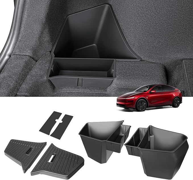 2PCS Rear Trunk Storage Bins with Lids for Tesla 2026 New Model Y Juniper 5 Seater,TPE Side Cargo Organizer Boxes,Rear Trunk Containers for 2025-2026 Tesla Model Y Juniper Accessories