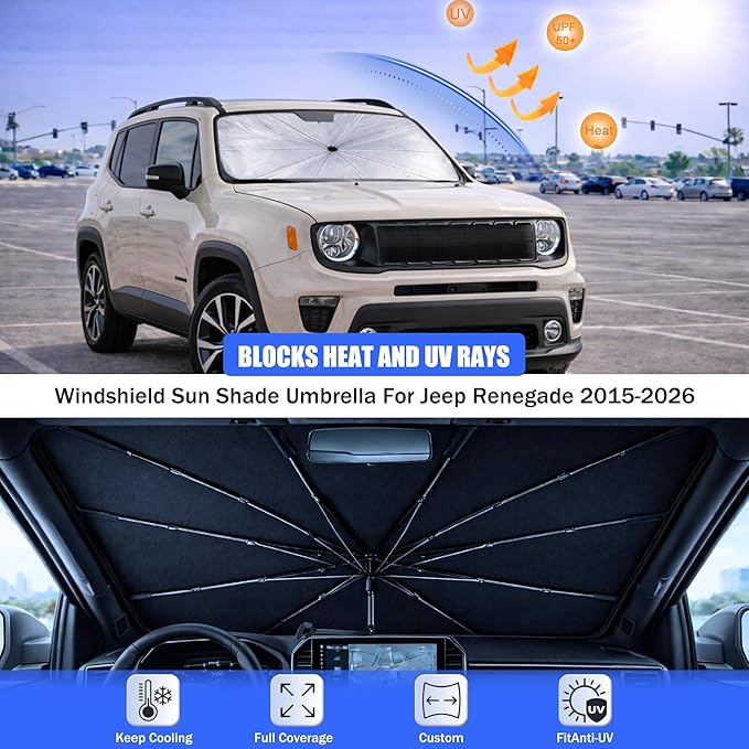 2026 Upgraded Car Windshield Sun Shade Umbrella - Custom-Fit for Jeep Renegade 2015-2026 Umbrella Sunshade,Easy Install,UV Protection & Heat Reflective,Keep Interior Cooler with Storage Bag