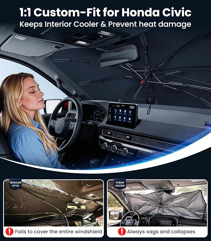 Zanch 2026 Upgraded Windshield Sun Shade Umbrella: Custom Fit for Honda Civic 2016-2025 Front Window Sunshade, Block UV Rays & Keep Car Cool, Precision 1:1 Scan for Civic, No Gaps & No Scratches.