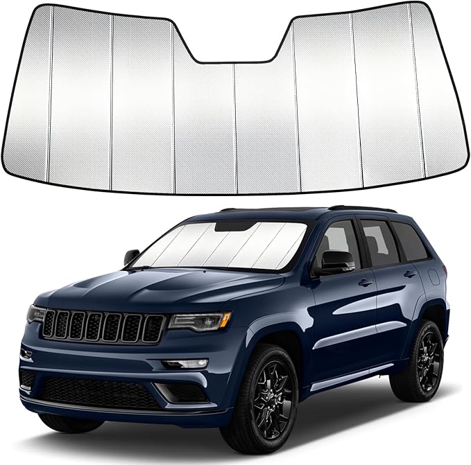 Windshield Sun Shade Custom Fit for Jeep Grand Cherokee 2014-2021, Grand Cherokee WK 2022, Accordion Folding Thick Window Sunshade Block Heat 99% UV Rays Sun Visor Keep Cooler Accessories