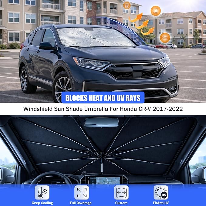 2026 Upgraded Car Windshield Sun Shade Umbrella - Custom-Fit for Honda CR-V 2017-2022 Umbrella Sunshade,Easy Install,UV Protection & Heat Reflective,Keep Interior Cooler with Storage Bag
