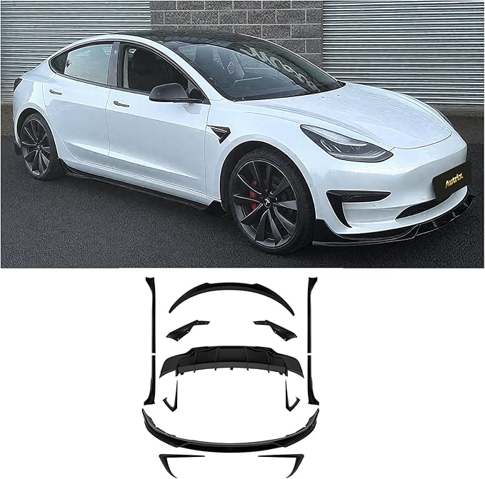 Full Body Kit for Tesla Model 3 2017-2023, Aero Package Front Lip, Rear Diffuser, Side Skirts, Spoiler, Fog Light Covers Performance Styling Matte Black