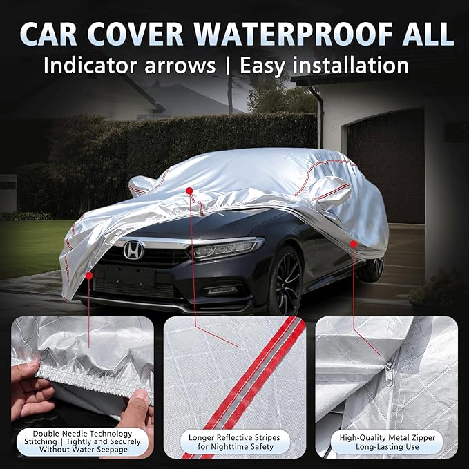 Car Cover Waterproof All Weather for Honda Accord 2002-2025,All-Around Fastening and 4 Upgrades, 30s Quick-Install for Car Cover