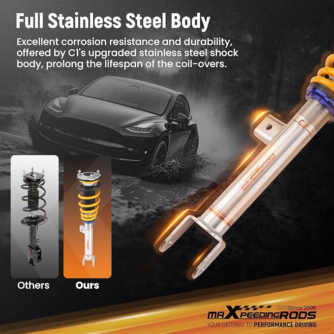 maXpeedingrods Coilover for Tesla model 3 2017-2025 RWD, 24 Levels Damping Adjustable Coilovers Suspension Kits, Height Adjustable Shock Absorber, Street Comfort C2 Upgraded Lowering Kits Gold