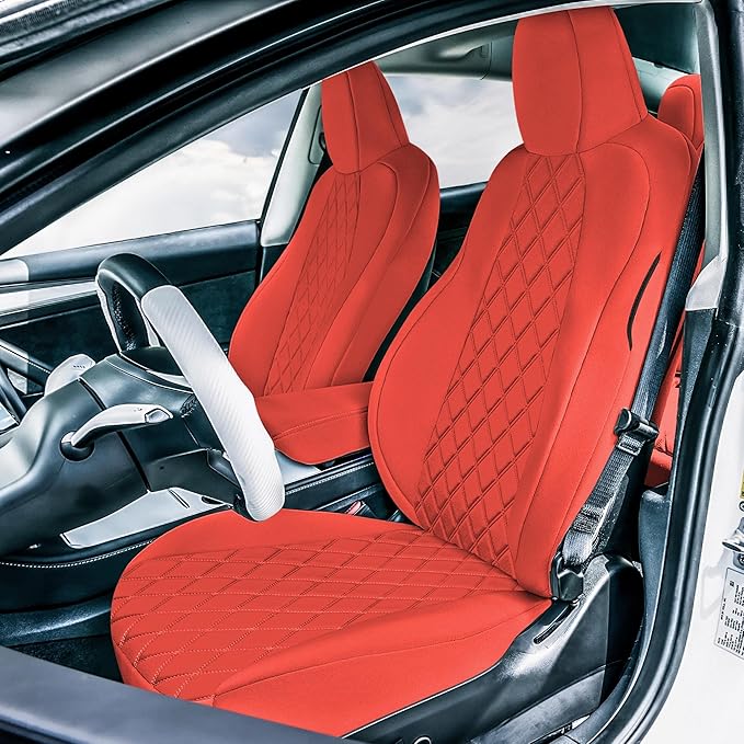 FH Group Custom Fit Car Seat Covers Specifically Made for 2017–2023 Tesla Model 3 Full Set Solid Red Ultraflex Neoprene Car Seat Covers, Waterproof Automotive Seat Covers, Tesla Accessories