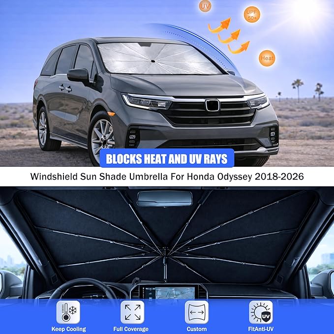 2026 Upgraded Car Windshield Sun Shade Umbrella - Custom-Fit for Honda Odyssey 2018-2026 Umbrella Sunshade,Easy Install,UV Protection & Heat Reflective,Keep Interior Cooler with Storage Bag
