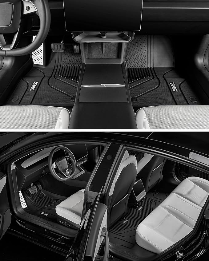 3W Tesla Model 3 Floor Mats 2026 2025 2024 with Mental Pedal, Full Set with Seatback Protector, Highland All Weather Custom Fit Rear Trunk Mat Accessories Black