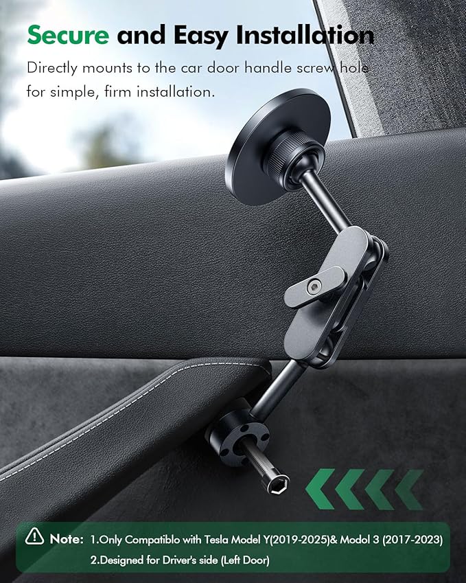 for Tesla Phone Mount,for Mag-Safe Door-Install Phone Holder, Compatible with Model Y (2025-2019) & Model 3 (2023-2017), Magnetic Car Phone Mount for iPhone 16/15/14/13/12, Tesla Accessories
