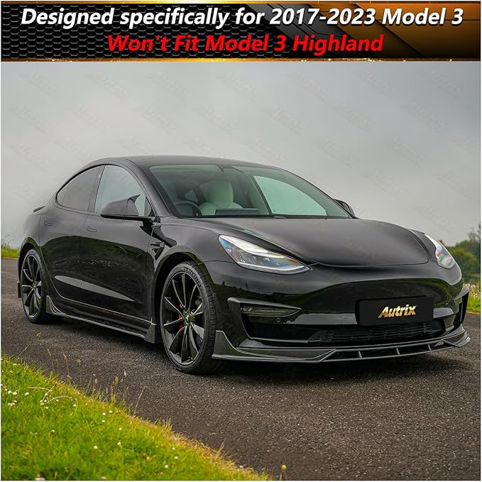 Full Body Kit for Tesla Model 3 2017-2023, Aero Package Front Lip, Rear Diffuser, Side Skirts, Spoiler, Fog Light Covers Performance Styling Carbon Fiber Printed