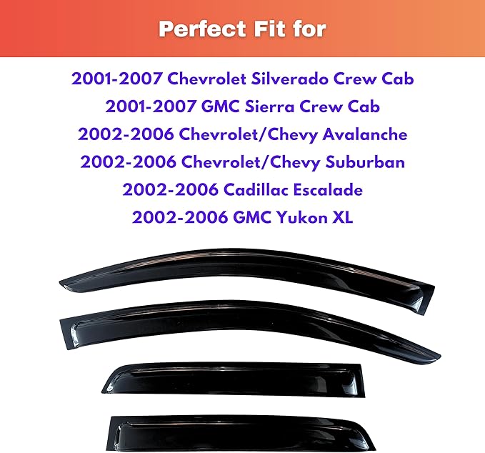 KPY Rain Guards Fit for 2001-2007 Chevrolet Silverado/GMC Sierra Crew Cab, Out-Channel Window Visors Vent Deflectors, 2002-2006 Chevy Avalanche/Suburban/Cadillac Escalade/GMC Yukon XL (Crew Cab Only)