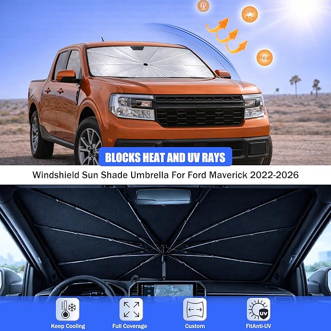 2026 Upgraded Car Windshield Sun Shade Umbrella - Custom-Fit for Ford Maverick 2022-2026 Umbrella Sunshade,Easy Install,UV Protection & Heat Reflective,Keep Interior Cooler with Storage Bag