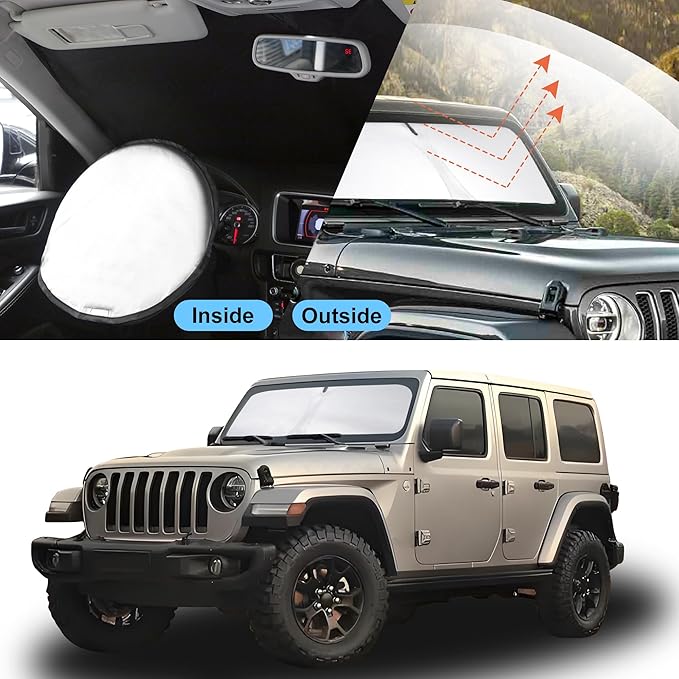 YYCKE Windshield Sun Shade Accessories Compatible with 2018-2024 2025 Wrangler JL & 2/4 Door 4XE & 2020-2024 Gladiator JT for Jeep Foldable Sunshade Sun Visor Blocks UV