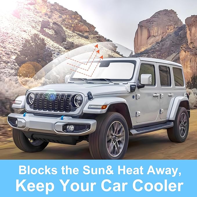 YYCKE Windshield Sun Shade Accessories Compatible with 2018-2024 2025 Wrangler JL & 2/4 Door 4XE & 2020-2024 Gladiator JT for Jeep Foldable Sunshade Sun Visor Blocks UV