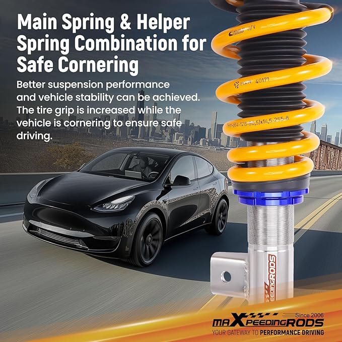 maXpeedingrods Coilover for Tesla model Y 2020+ AWD, 24 Levels Damping Adjustable Coilovers Suspension Kits, Height Adjustable Shock Absorber Struts, C2 Upgraded Series Lowering Kits Gold