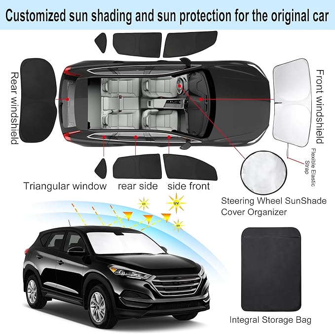 8PCS YYCKE Window Shades for Tucson 2016-2021 for Hyundai Accessories Car Side Full Windows Rear Triangular Windshield Sun Shade Sun UV Rays & Privacy Protection for Camping,Napping,and Relaxing