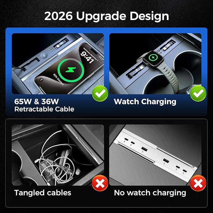 USB Hub for Tesla Model Y Juniper Accessories 2026 & Model 3 Highland 2025 Accessories, Hidden Console Phone Charger Hub Compatible with Apple Watch, Center Interior (2-Type C+Watch Charging)