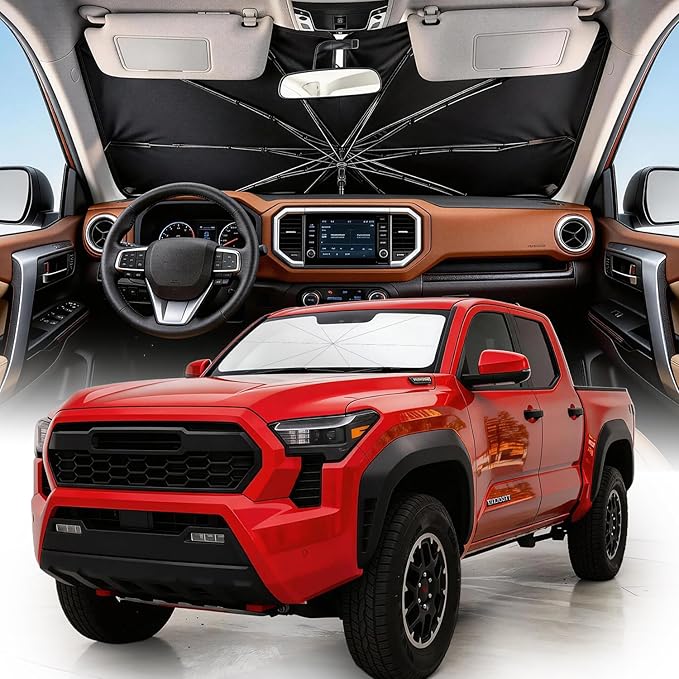 [2026 Upgraded] Weektic Custom Windshield Sun Shade Umbrella for Toyota Tacoma 2016-2023, [Double Thickened Ice Crystal Coating] Sun & Heat Protection, Keep Vehicle Cool & Protect Interior