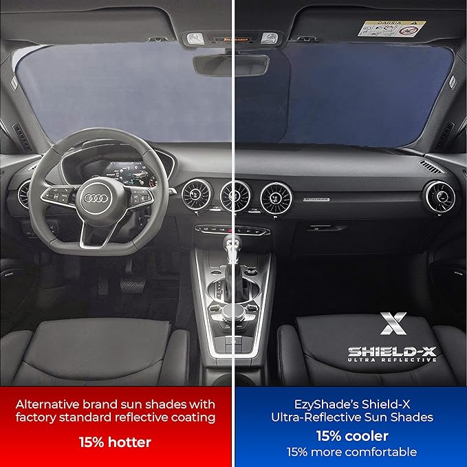 EzyShade Windshield Sun Shade with Shield-X Reflective Technology. See Vehicle Size-Chart. Foldable Car Sunshade for Front Windshield Window Car SUV Van Truck. Sun Visor Heat Shield. Max (L) Size