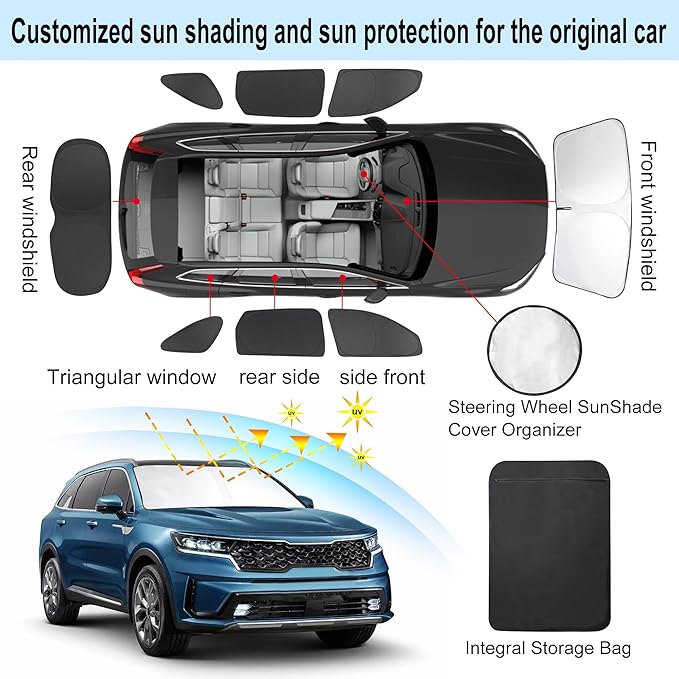TINGLU Window Shades for Kia Sorento 2016 2017 2018 2019 2020 Accessories Car Side Full Windows Rear Triangular Windshield Sun Shade Sun UV Rays & Privacy Protection for Camping,Napping,Relaxing 8PCS