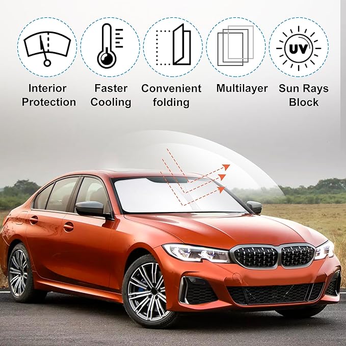 YYCKE Windshield Sun Shade Accessories Compatible with 2013-2018 3 Series/F30/F31/F80/M3 for BMW Foldable Sunshade Sun Visor Blocks UV