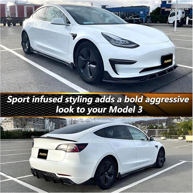 Full Body Kit for Tesla Model 3 2017-2023, Aero Package Front Lip, Rear Diffuser, Side Skirts, Spoiler, Fog Light Covers Performance Styling Matte Black