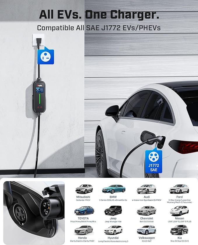 2026 Upgraded Level 1&2 Portable EV Charger, 8-16Amp Adjustable Current & Timer, 110V–240V, NEMA 5-15 & 6-20 Plug, 21Ft EV Charging Cable, J1772 Electric Car Charger for All PHEV/EV Charging Cord