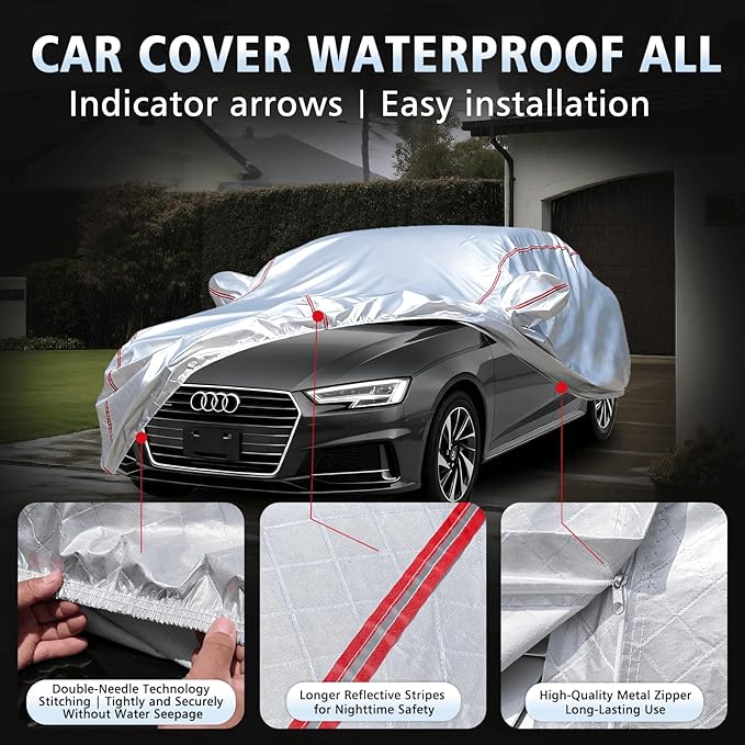 Car Cover Waterproof All Weather for Audi A4 2004-2024,All-Around Fastening and 4 Upgrades, 30s Quick-Install for Car Cover