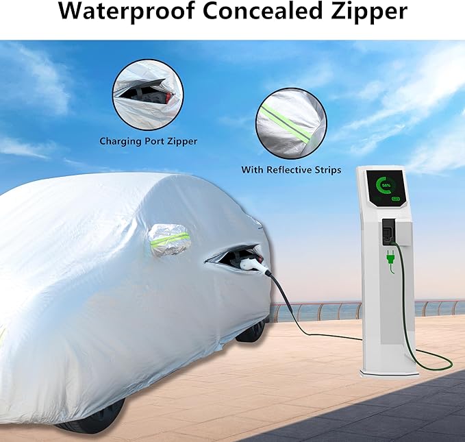 Car Cover Fit for 2017-2023 Tesla Model 3 - All-Weather Outdoor, Waterproof, UV & Rain Protection, Breathable Mesh Ventilation, Charging Port & Driver Side Zipper Access