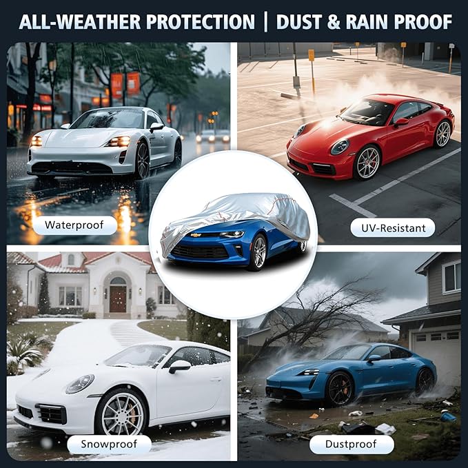 Car Cover Waterproof All Weather for Chevrolet Camaro 2010-2025,All-Around Fastening and 4 Upgrades, 30s Quick-Install for Car Cover