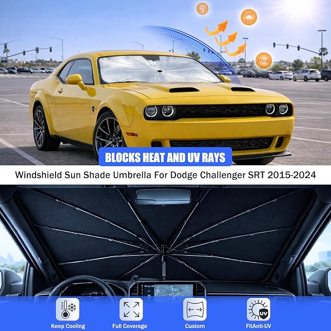 Car Windshield Sun Shade Umbrella - Custom-Fit for Dodge Challenger SRT 2015-2024 Umbrella Sunshade,Easy Install,UV Protection & Heat Reflective,Keep Interior Cooler with Storage Bag