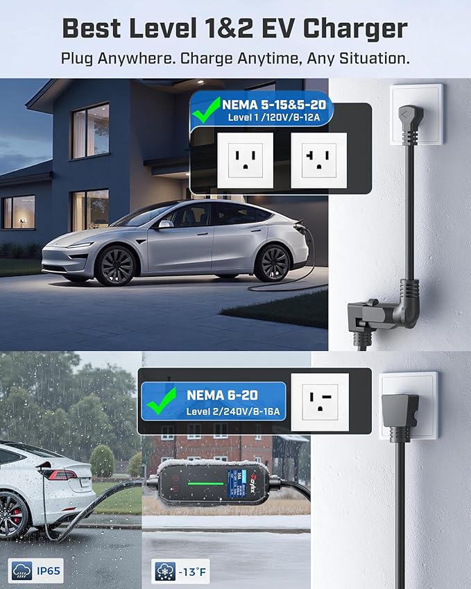 2026 Upgraded Level 1&2 Tesla Mobile Charger, 8-16Amp Adjustable Current & Timer, 110V–240V, NEMA 5-15 & 6-20 Plug, 21ft Tesla Charging Cable, Mobile Connector for Tesla Model Y/3/X/S/Cybertruck