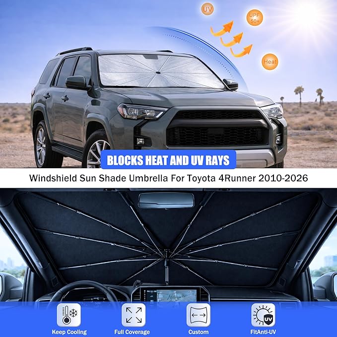 2026 Upgraded Car Windshield Sun Shade Umbrella - Custom-Fit for Toyota 4Runner 2010-2026 Umbrella Sunshade,Easy Install,UV Protection & Heat Reflective,Keep Interior Cooler with Storage Bag