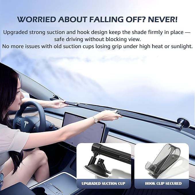 Automatic Retractable Windshield Sunshade – Strong Suction Cups, Premium Heat-Reflective Fabric, Adjustable 29.1–59.1 in, Fits Sedans, SUVs & MPVs, Tesla Model 3/Y