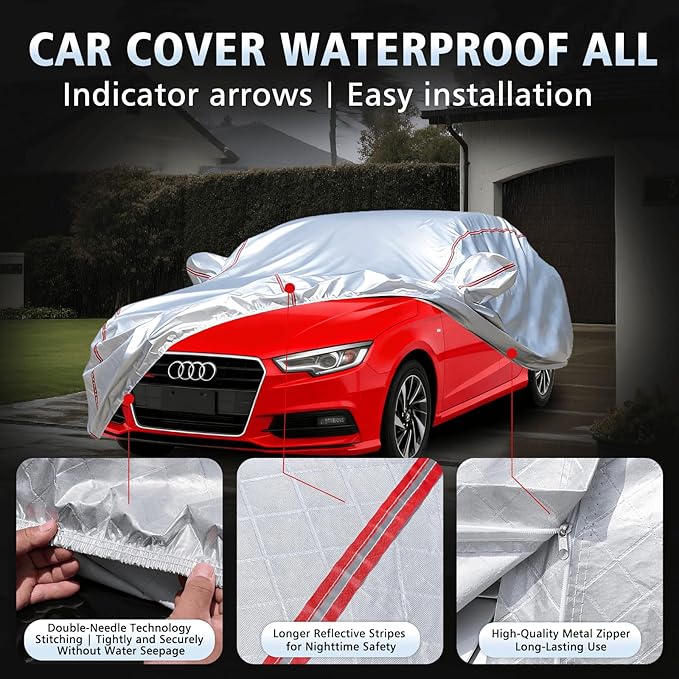 Car Cover Waterproof All Weather for Audi A3 1998-2025,All-Around Fastening and 4 Upgrades, 30s Quick-Install for Car Cover
