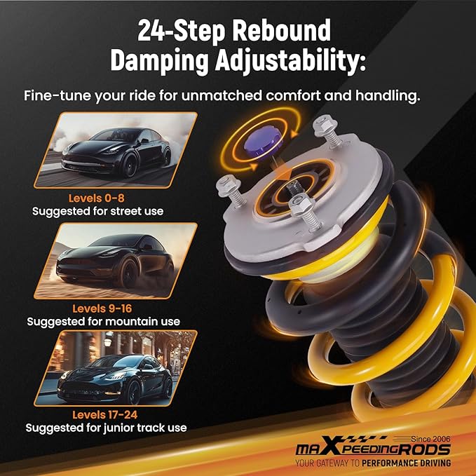 maXpeedingrods Coilover for Tesla model Y 2020+ AWD, 24 Levels Damping Adjustable Coilovers Suspension Kits, Height Adjustable Shock Absorber Struts, C2 Upgraded Series Lowering Kits Gold