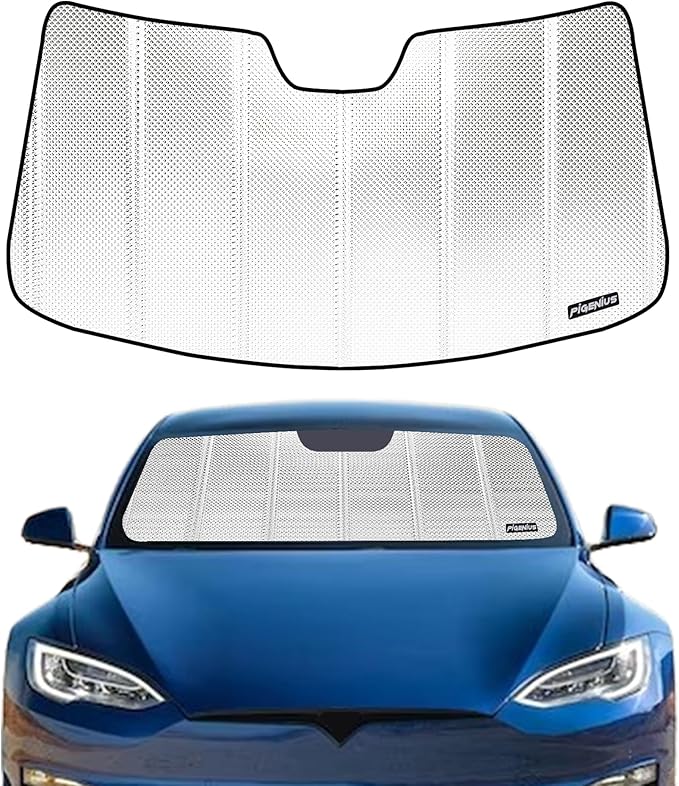 Windshield Sun Shade for Tesla Model S 2012-2025. Reflective Aluminum Film Front Window Sunshade - BLAZBLOCK