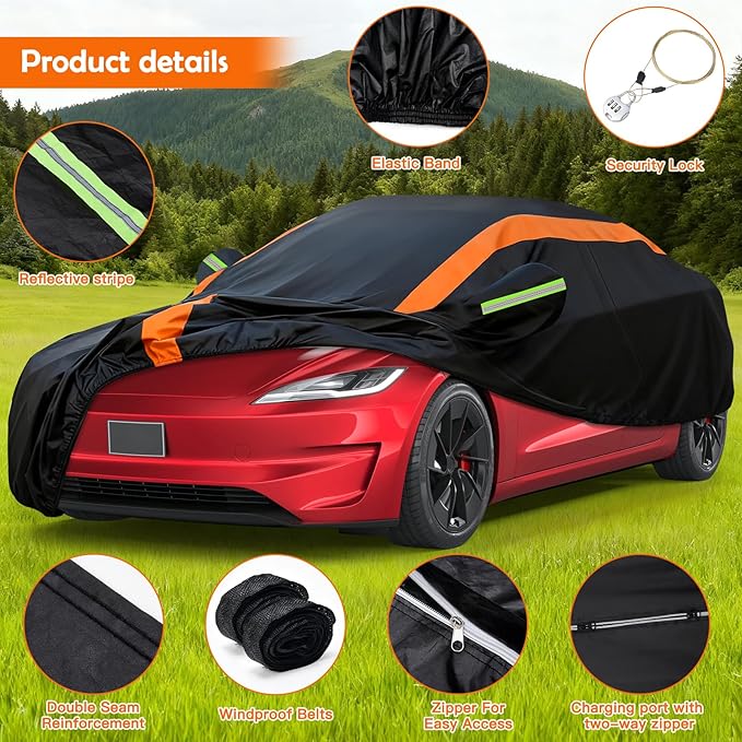 Car Cover for Tesla Model 3 2017-2026, Multi-Layer Automobiles Covers Waterproof All Weather with Zipper Door, Sun Rain Snow Dust Protection