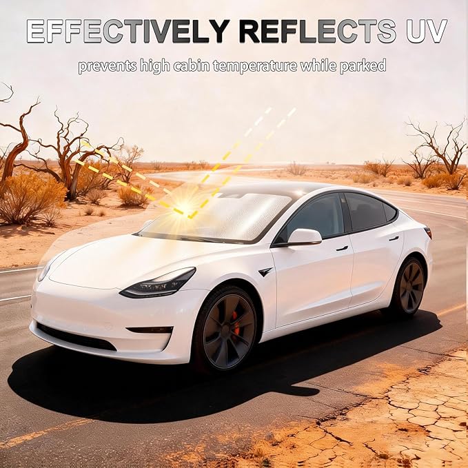 Car Windshield Sun Shade for Tesla Model 3 2018-2025 & Model Y 2020-2026,Upgraded Reflective Aluminum Film Front Window Sunshade Accessorie for Tesla with Storage Bag