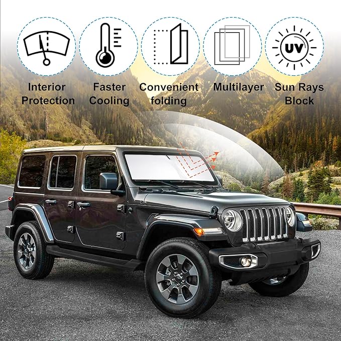 YYCKE Windshield Sun Shade Accessories Compatible with 2018-2024 2025 Wrangler JL & 2/4 Door 4XE & 2020-2024 Gladiator JT for Jeep Foldable Sunshade Sun Visor Blocks UV