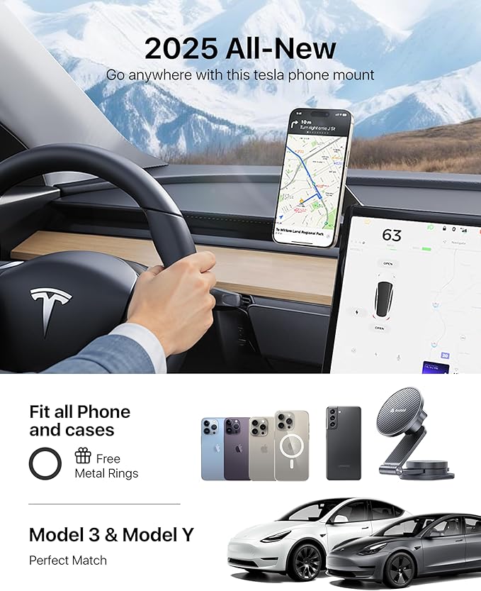 andobil Upgrade Tesla Phone Mount [Strong Magnet & Foldable] MagSafe Car Mount for Tesla Model Y Juniper Model 3, 360° Adjustable Tesla Phone Holder fits iPhone 17 Pro Max, Tesla Accessories, Gray