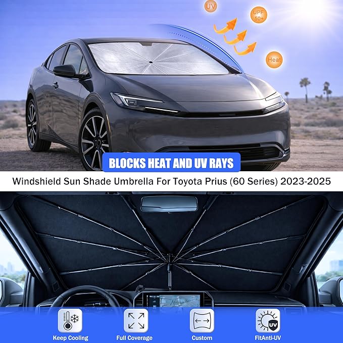 Car Windshield Sun Shade Umbrella - Custom-Fit for Toyota Prius (60 Series) 2023-2025 Umbrella Sunshade,Easy Install,UV Protection & Heat Reflective,Keep Interior Cooler with Storage Bag