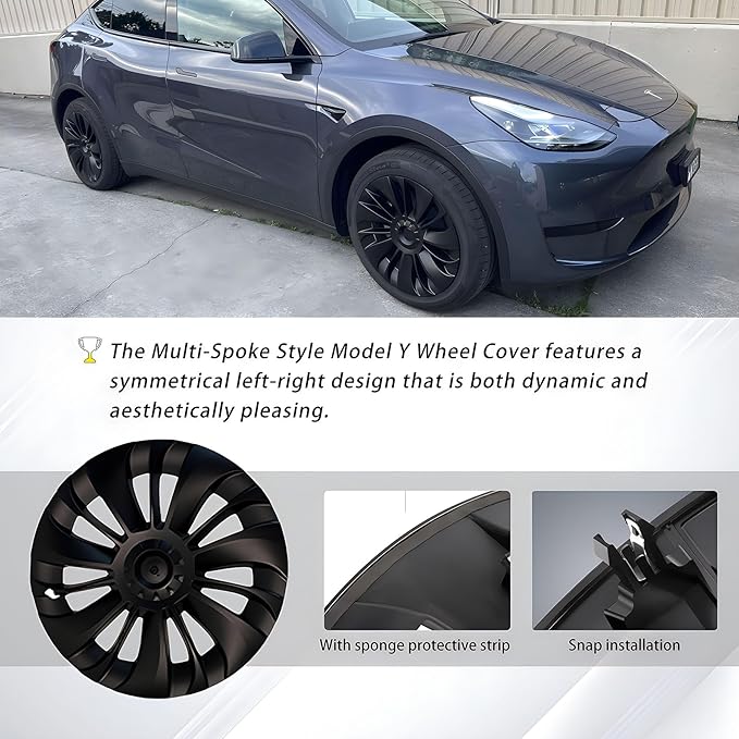 KAVANIC 4PCS Wheel Covers Fits for Model Y 19 inch Multi-Spoke Style, Matte Black ABS Hubcaps Fits for Tesla Y 19" Gemini Wheels 2020-2024, Long Range Support Logo Symmetry Design (RWD/AWD)