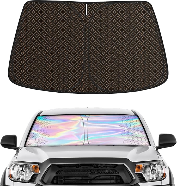 Iridescent Windshield Sun Shade Custom Fit Toyota Tacoma 2016-2024 2025, Upgrade 5 Layers 480T Laser Titanium Silver Window Car Sunshade, Rhombus Lattice Shades for Front Window, Block UV Rays Heat