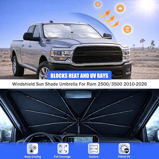 2026 Upgraded Car Windshield Sun Shade Umbrella - Custom-Fit for Ram 2500/3500 2010-2026 Umbrella Sunshade,Easy Install,UV Protection & Heat Reflective,Keep Interior Cooler with Storage Bag