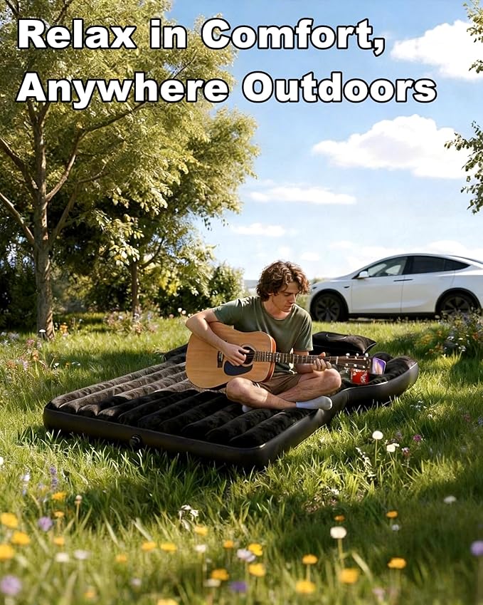 Umbrauto Custom Fit Air Mattress for Tesla Model Y/Juniper, 2026 Upgraded Inflatable Camping Bed for Back Trunk, Soft Flocking Surface+Reinforced Bottom Sleeping Pad w/Pump for Outdoor Travel