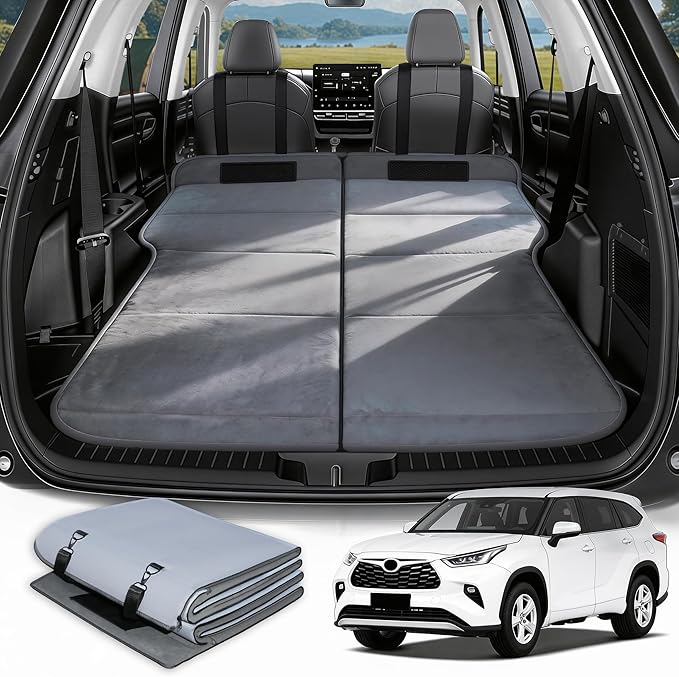 Car Bed for Toyota Highlander, Foldable Non-Inflatable Memory Foam Camping Mattress, Thickened Portable SUV Trunk Sleeping Pad, Air Mattress Upgrade for Camping & Travel Essentials, With Storage Bag