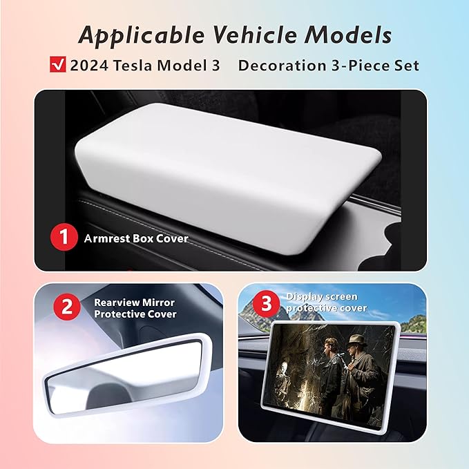 2024-2025 Tesla 3/2025 Tesla Y-Shaped Center Console Cover, Central Screen Silicone Protective Cover, and Interior Rearview Mirror Protective Cover Internal Accessories (white 3/Y-3 pcs)