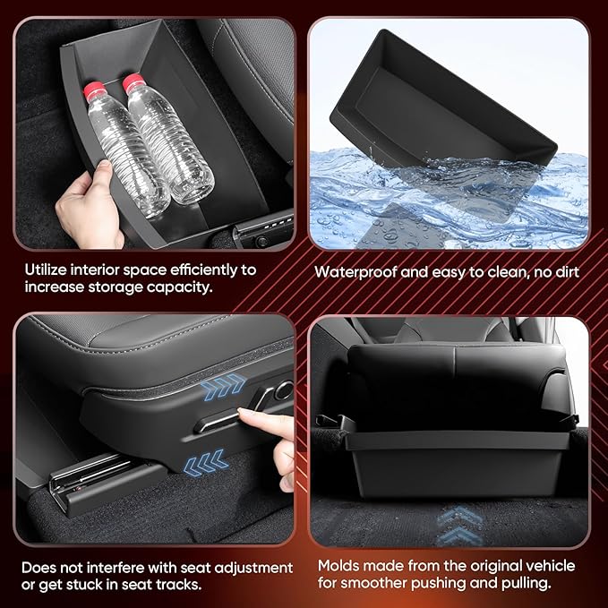 Under Seat Storage Box for Tesla Model Y Juniper 2025-2026, Custom-Fit Under-Seat Organizer Bin Tray for Front & Rear Seats, Waterproof TPE Interior Accessories, 2 Pack, Black, No-Drill