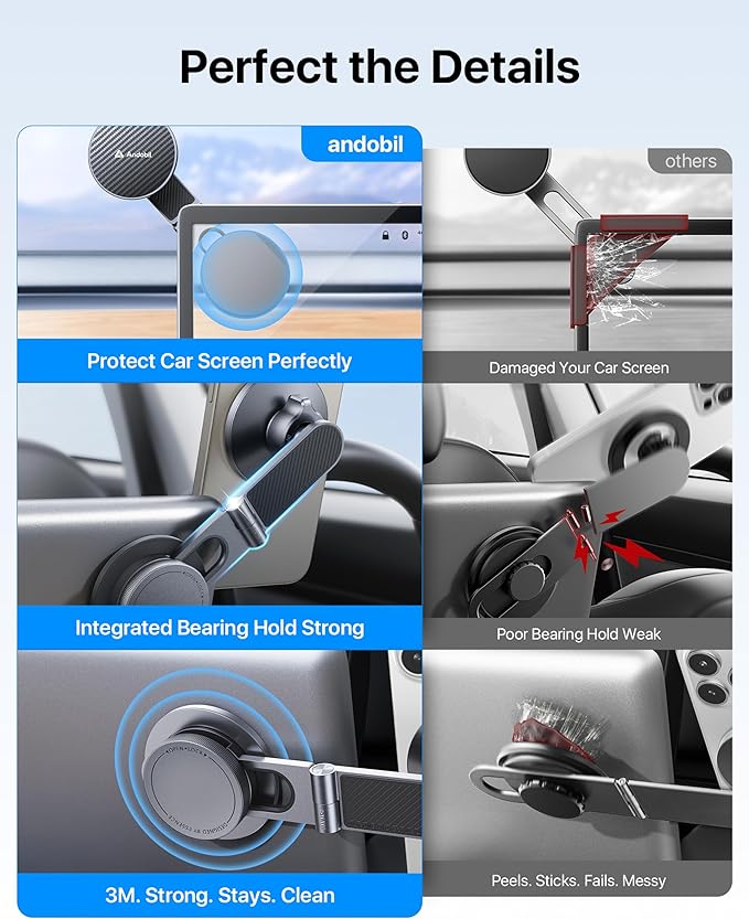 andobil Upgrade Tesla Phone Mount [Strong Magnet & Foldable] MagSafe Car Mount for Tesla Model Y Juniper Model 3, 360° Adjustable Tesla Phone Holder fits iPhone 17 Pro Max, Tesla Accessories, Gray