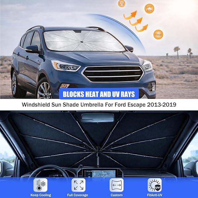 2026 Upgraded Car Windshield Sun Shade Umbrella - Custom-Fit for Ford Escape 2013-2019 Umbrella Sunshade,Easy Install,UV Protection & Heat Reflective,Keep Interior Cooler with Storage Bag